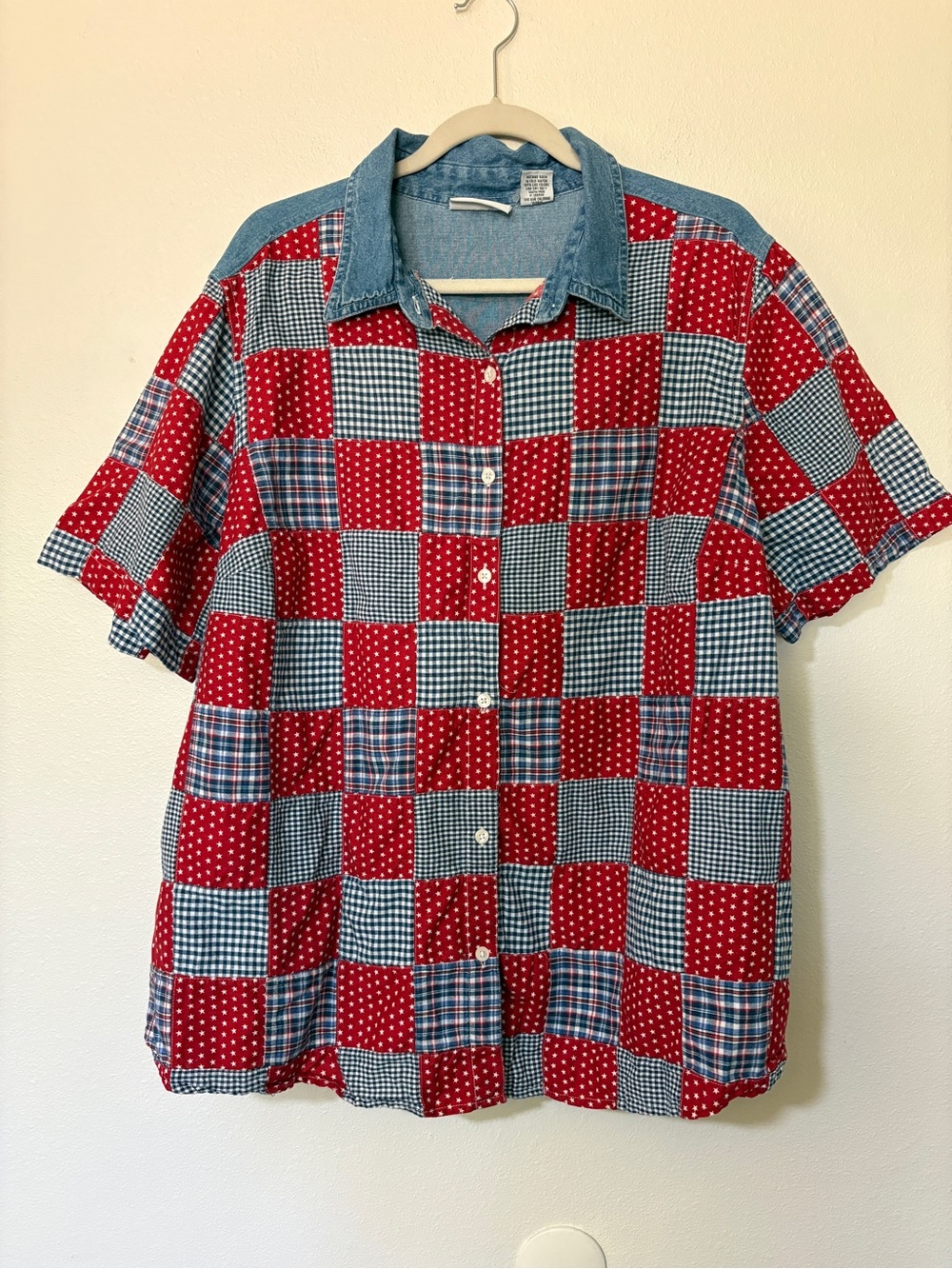 Vintage Capistrano Red & Blue Patchwork Short-Sleeve Shirt
